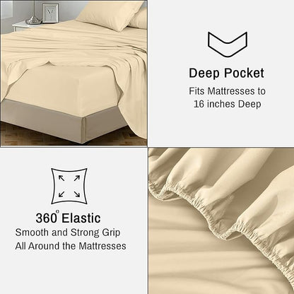 RUVANTI 100% Cotton Sheets – Twin Size Percale Bedding, Cooling & Breathable, Durable with a Crisp, Soft & Comfortable Feel, 16" Deep Pocket, 3-Piece Set, Beige