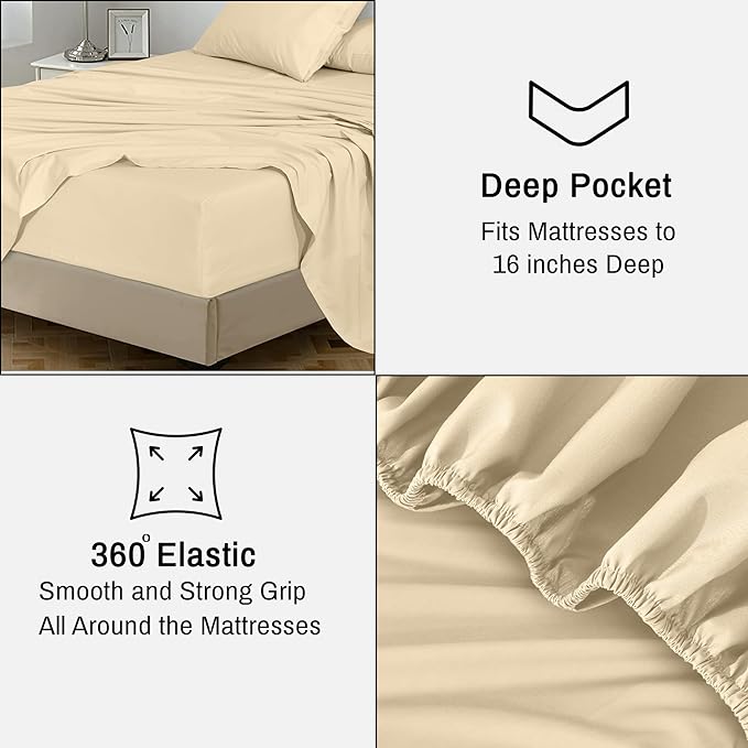 RUVANTI 100% Cotton Sheets – Twin XL Size Percale Bedding, Cooling & Breathable, Durable with a Crisp, Soft & Comfortable Feel, 16" Deep Pocket, 3-Piece Set, Beige