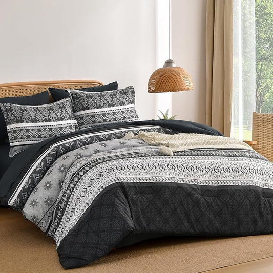 Comforter Set King Size Boho,7 Pieces Bohemian Bedding Comforter Set Striped Bed in a Bag,Dark Grey Paisley Floral Comfortet and Sheet Set,Soft Black Gray Bedding Sets for All Season