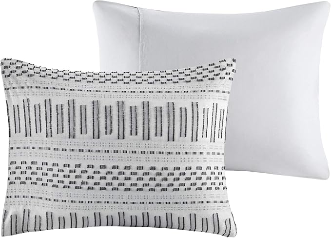 INK+IVY Rhea 100% Cotton Duvet Set Mid Century Modern Boho Design, All Season Comforter Cover Bedding Set, Matching Shams, King/Cal King, Geometric Clipped Jacquard Grey 3 Piece