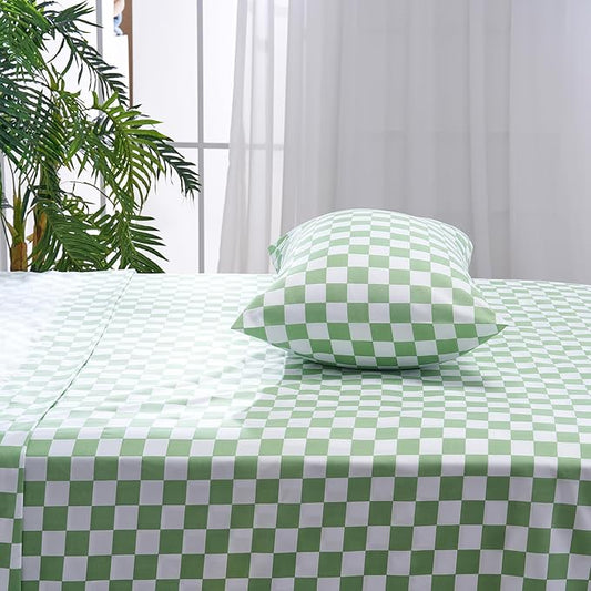 Best Season Queen Size Sheet Set 4 Piece -Microfiber Soft Durable Bedding Sheet Set,Deep Pocket,Stain,Fade & Wrinkle Resistant (Plaid Green&White)