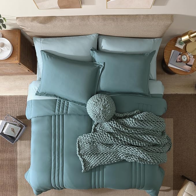 Monbix Queen Comforter Set - 7 Pieces Blue Green Bed in a Bag Queen Bedding Sets with Comforters, All Seasons Comforter Bed Set with Sheets,Pillowcases & Shams