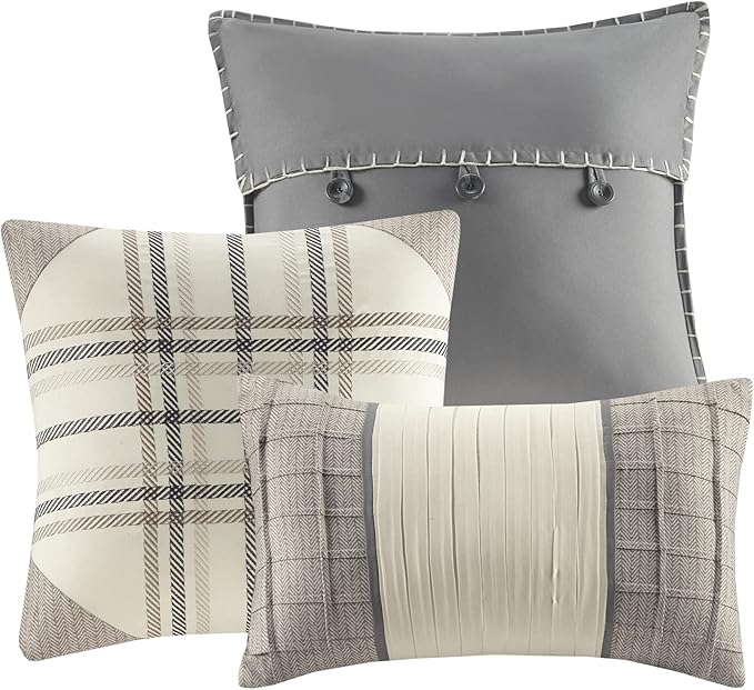 Madison Park Ridge Comforter Set - Cabin Lodge Plaid Herringbone Design, All Season Down Alternative Cozy Bedding with Matching Bedskirt, Shams, Decorative Pillow, Cal King(104"x92"), Neutral 7 Piece