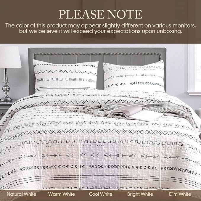 DURLENGEN White Quilt Set Queen Size 3Pcs,Bohemian Design with White & Black Geometric Pattern Printed on White, All Season Lightweight Bedspread Coverlet Sets(Queen 90x96,Boho White)