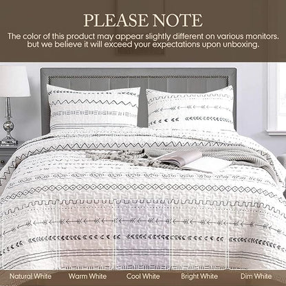DURLENGEN 3Pcs Quilt Set King Size White,Soft Microfiber Lightweight Bedspread,Bohemian Design Geometric Pattern Coverlet for All Season Layering (106x96 inches, Boho White)