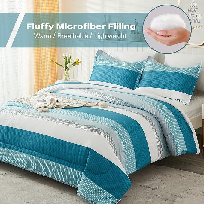 Litanika King Comforter Set White Teal - 3 Pieces Lightweight Fluffy Bedding Comforter Sets, All Season Down Alternative Comforter (1 Comforter, 2 Pillowcases)