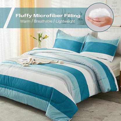 Litanika Teal White Comforter Twin Set, XL Twin Comforter Striped Bedding Comforter Set, 2 Pieces Lightweight Soft All Season Down Alternative Comforter
