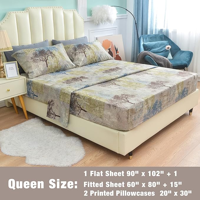JSD Rustic Print Sheet Set Queen Size, 4 Piece Tree Pattern Soft Microfiber Bed Sheets Extra Deep Pocket