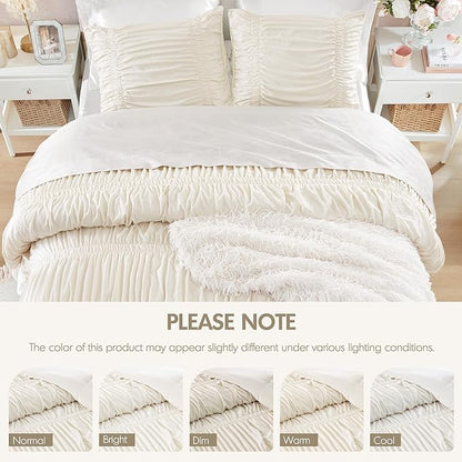 Intelligent Design Ruched Shabby Chic Comforters for Queen Size Bed, All Season Lightweight Comforter Queen, French Country Bedding Set, Sham, Ella, Full/Queen, Ivory, 3 Piece