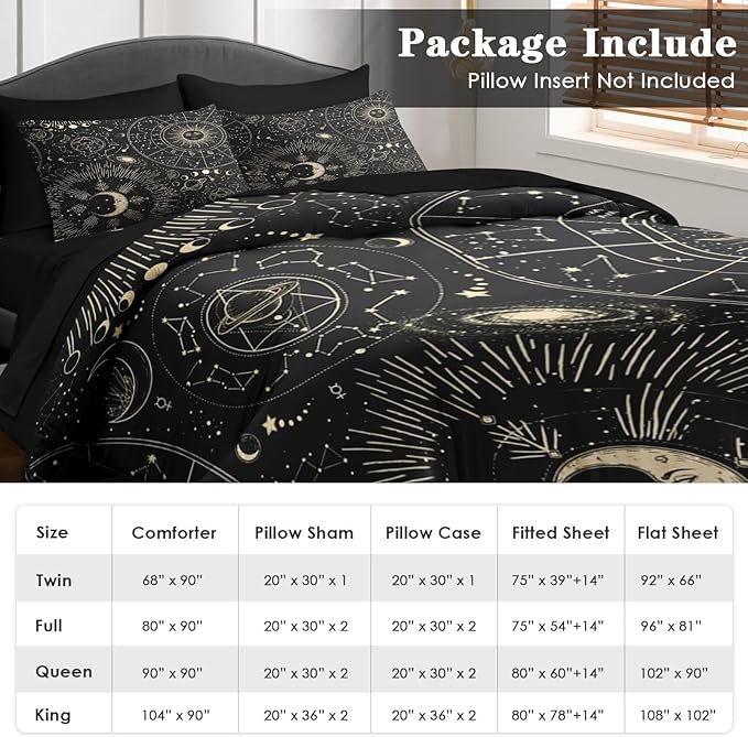 Comforter Set King Size, Sun Moon Astrology 7 Pcs Bedding for Kids and Adults, Space Science Galaxy Retro Bed Sheet Sets with Fitted Sheet 2 Pillowcases & 2 Shams for Bedroom Bed Decor