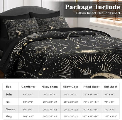 Comforter Set King Size, Sun Moon Astrology 7 Pcs Bedding for Kids and Adults, Space Science Galaxy Retro Bed Sheet Sets with Fitted Sheet 2 Pillowcases & 2 Shams for Bedroom Bed Decor