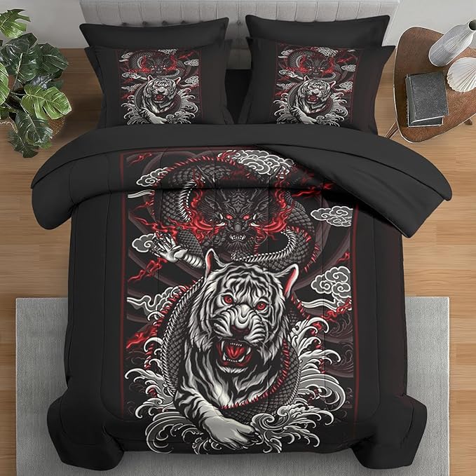 Comforter Set Twin Size, Tiger Dragon 5 Pcs Bedding for Kids and Adults, Black and Red Bed Sheet Sets with Fitted Sheet Pillowcase & Sham for Bedroom Bed Decor