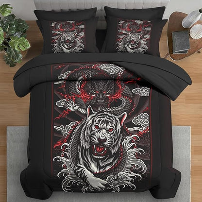 Comforter Set Twin Size, Tiger Dragon 5 Pcs Bedding for Kids and Adults, Black and Red Bed Sheet Sets with Fitted Sheet Pillowcase & Sham for Bedroom Bed Decor