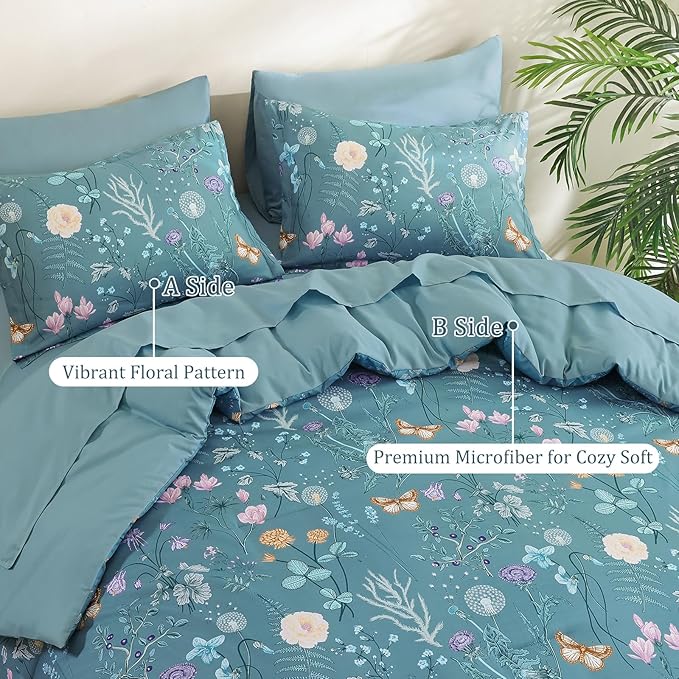 Yiran Queen Comforter Set, 7 Pieces Mineral Blue Floral Soft Bedding Sets, Queen Bed in a Bag with Botanical Flowers All Season Comforter, Sheets, Pillowcases & Shams