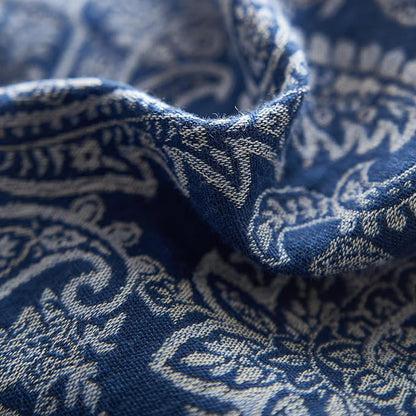 mixinni Muslin Cotton Vintage White Paisley Floral Duvet Cover King Size 3pcs Yarn Dyed Navy Blue Jacquard Weave Bedding Comforter Cover Soft Breathable Bedding Sets for All Season-King Size