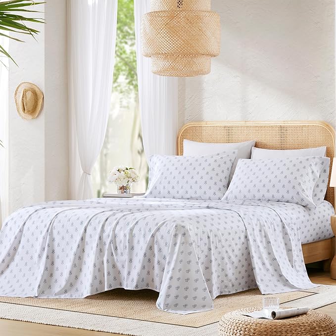Comfort Spaces 100% Cotton Sheets Twin XL, Breathable, Naturally Cool Cotton Sheets, Soft Cotton Bed Sheets with 12" Elastic Pocket Fits up to 14" Mattress, All Seasons Sheet Set, Floral Blue 3 Piece