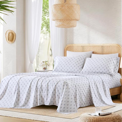 Comfort Spaces 100% Cotton Sheets Twin XL, Breathable, Naturally Cool Cotton Sheets, Soft Cotton Bed Sheets with 12" Elastic Pocket Fits up to 14" Mattress, All Seasons Sheet Set, Floral Blue 3 Piece
