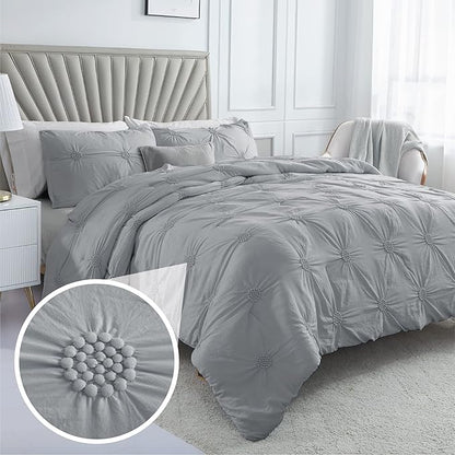 Swift Home Twin/Twin XL Gray Comforter Set - Ruched 3D Floral Pintuck Bedding Set - 2 Pieces Bed Linen, 1 Comforter and 1 Pillow Sham