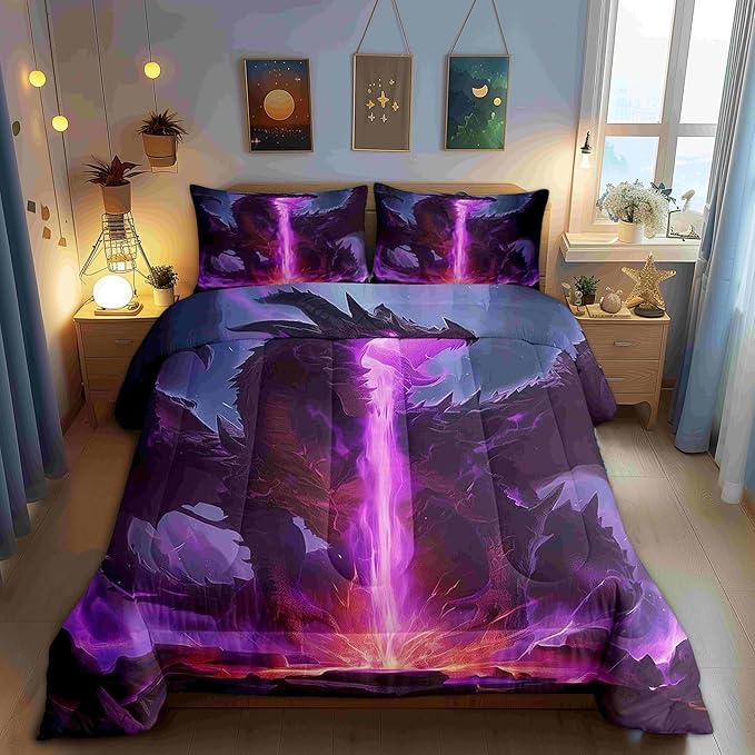 Castle Fairy Dragon 3 Pcs King Size Comforter Set,Mysterious Western Animals Down Alternative Adults Bedroom Decor,Purple Lightning Flame Ultra Soft Microfiber Inner Fill 3Pcs Bedding