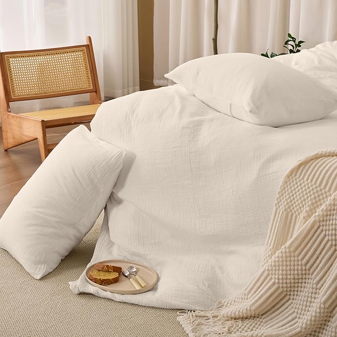 Ivory White Duvet Cover Queen Size, 100% Sandwashed Cotton Soft Queen Duvet Cover Set 3 Pieces with Zipper Clousre & Corner Buttons (Ivory White, Queen 90 x 90)