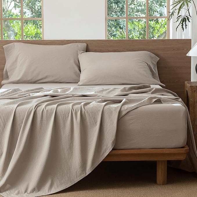MooMee Bedding Sheet Set 100% Washed Cotton Linen Like Textured Breathable Durable Soft Comfy (Heathered Cream Grey, California King)