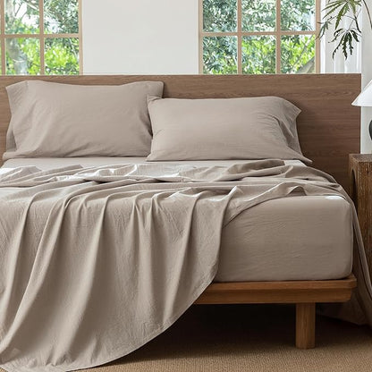 MooMee Bedding Sheet Set 100% Washed Cotton Linen Like Textured Breathable Durable Soft Comfy (Heathered Cream Grey, King)