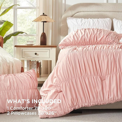 Andency Ruched Blush Pink Full Size Comforter Sets, Shabby Chic Pleatd Bedding Sets 3 Pieces, Lightweight Soft Boho Ruffle Bed Set for Girls, Kids, Women, All Season