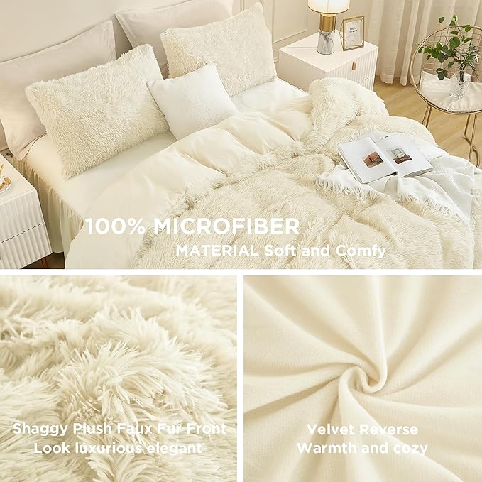 Andency Faux Fur Beige Comforter Set King Size, 3 Pieces Fluffy Fuzzy Plush Bedding Comforter Set (1 Shaggy Velvet Comforter & 2 Pillowcases), Soft Puffy Comfy Down Alternative Comforter Bedding Set