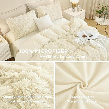 Andency Faux Fur Beige Comforter Set King Size, 3 Pieces Fluffy Fuzzy Plush Bedding Comforter Set (1 Shaggy Velvet Comforter & 2 Pillowcases), Soft Puffy Comfy Down Alternative Comforter Bedding Set