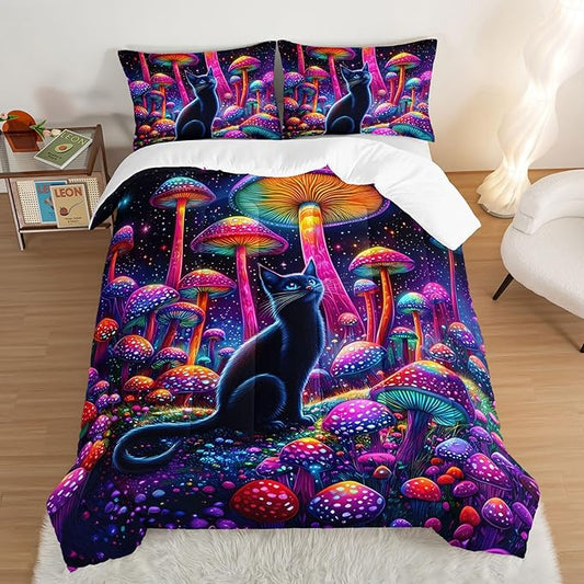 Cute Black Cat Bedding Set King Size,Kids Cartoon Cat Mushroom Flash Comforter Set for Kids Girls Boys Room Decor,Boho Style Botanical Bedding Sets with 2 Pillowcases.