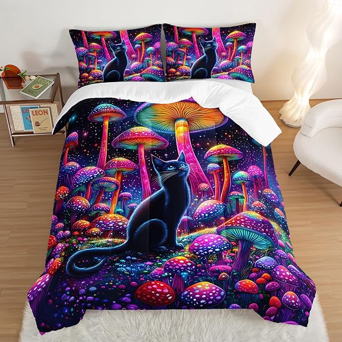Cute Black Cat Bedding Set Full Size,Kids Cartoon Cat Mushroom Flash Comforter Set for Kids Girls Boys Room Decor,Boho Style Botanical Bedding Sets with 2 Pillowcases.