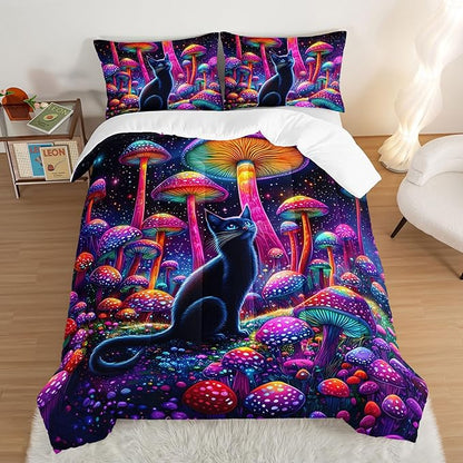 Cute Black Cat Bedding Set Full Size,Kids Cartoon Cat Mushroom Flash Comforter Set for Kids Girls Boys Room Decor,Boho Style Botanical Bedding Sets with 2 Pillowcases.