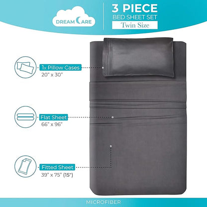 DREAMCARE Twin Sheets Set – 3pcs Cooling Sheets – up to 15” Deep Pocket Twin Sheet Set – Hotel Luxury Sheets & Pillowcases – Superior Softness 100% Fine Microfiber with Side Pocket – Gray