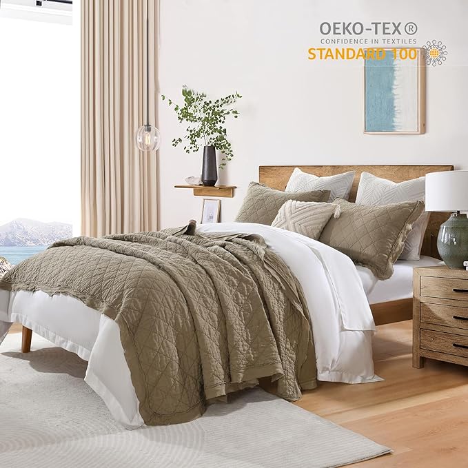 HORIMOTE HOME 100% Linen Front/100% Cotton Back Quilt Set King Size, Olive Green Pre-Washed European Flax Linen Quilt, Diamond Stitch Bedspread Coverlet Bedding Set 3-Piece for All Seasons