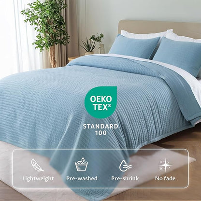 KASENTEX Queen XL Quilt Set 98"x98" – Soft Washed 3-Layer Lightweight Bedspread, Minimalist Nordic Design, All-Season Spring & Summer Quilt Set (1 Quilt + 2 Pillow Shams), Blue