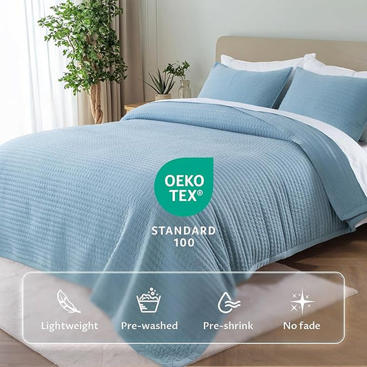 Kasentex KWX1804-BL Quilt Mini Set-Stone Washed-Super Soft Bedspread-Light Weight-White Down Alternative Microfiber Fill-Machine Washable-Solid Colors, Full/Queen + 2 Shams, Blue