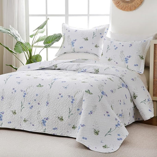 King Size Quilt Bedding Set, White Floral Lightweight Bed Quilts Botanical Patterned Elegant Bedspread Reversible Coverlet Sets with 2 Pillow Shams (104"×90")