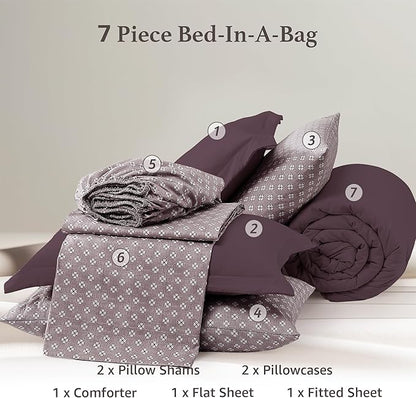 Monbix Full Size Comforter Set - 7 Pieces ltalian Plum Prewashed Bed in a Bag Full Bedding Sets with Comforters, All Seasons Comforter Bed Set with Sheets, Pillowcases & Shams
