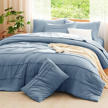 CozyLux Full Size Comforter Set Grayish Blue, 7 Pieces Soft Pinch Pleat Bed in a Bag Full Comforter Set with Sheets, Boho Bed Set with Down Alternative Comforter, Sheets, Pillowcases & Shams