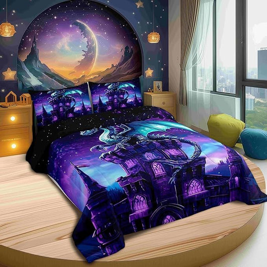 Mysterious Magical Theme Bed Comforter Set Queen Size,Western Castle Super Soft Microfiber Bedding Set for Adults Teens,Dragon Wildlife Comforter Set,2 Pillowcases