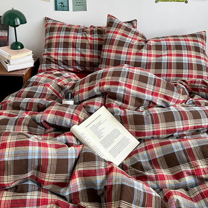 VM VOUGEMARKET Red Buffalo Gingham Duvet Cover Set Queen,3 Pieces Washed Cotton Bedding Set,Breathable Luxury Plaid Duvet Cover with Zipper Closure for Girls (Red&Brown)