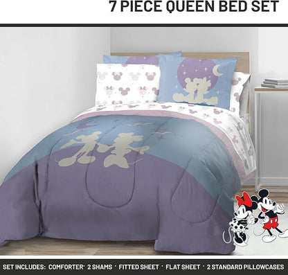 Jay Franco Disney Mickey Mouse & Minnie Mouse Queen Size Comforter Set - 7 Piece Bedding Includes Sheet Set & Pillow Covers - Super Soft Cozy Bedding