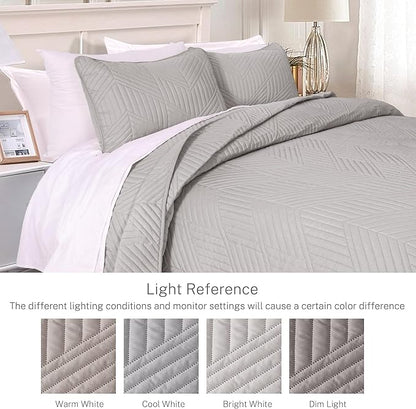 Exclusivo Mezcla Ultrasonic Twin Quilt Bedding Set, Lightweight Light Grey Bedspreads Soft Modern Geometric Coverlet Set for All Seasons (1 Quilt and 1 Pillow Sham)