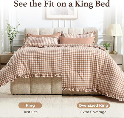 BDEUS 7 Pieces Gingham Ruffle Comforter Set Full Size, Brown Grid Tartan Bedding Set, Soft Breathable Fabric Comforter with Flat Sheet, Fitted Sheet, 2 Pillowcases & 2 Shams, 82"X86"