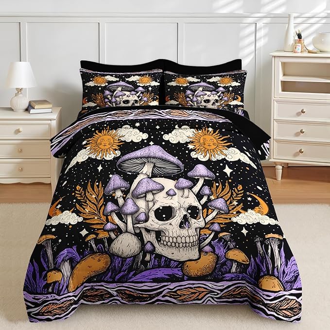Nesker Comforter Set Full Size, Skeleton Tarot Astrology 7 Pcs Bedding for Kids and Adults, Purple Mushroom Bed Sheet Sets with Fitted Sheet 2 Pillowcases & 2 Shams
