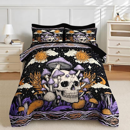 Nesker Comforter Set Twin Size, Skeleton Tarot Astrology 5 Pcs Bedding for Kids and Adults, Purple Mushroom Bed Sheet Sets with Fitted Sheet Pillowcase & Sham