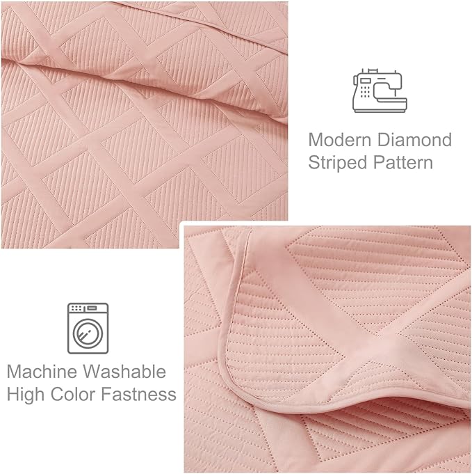 Exclusivo Mezcla Twin Size Quilt Set - Blush Pink Quilts Bedding Set with 2 Pillow Shams, Modern Bedspread with Striped Pattern, Soft Lightweight Bedspreads Coverlets for All Seasons