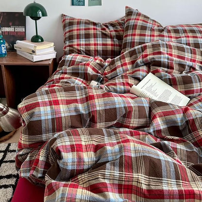 MKXI King Buffalo Plaid Duvet Cover Set 3-Piece, Lightweight Washed Cotton Farmhouse Bedding, Brown Red Blue Plaid Comforter Cover with Zipper Closure
