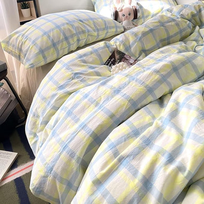 EAVD Buffalo Plaid Duvet Cover Queen Soft Washed Cotton Bedding Set Yellow Blue Grid Checkered Bedding Set with 2 Pillowcases Vintage Style Gingham Duvet Cover with Zipper Closure