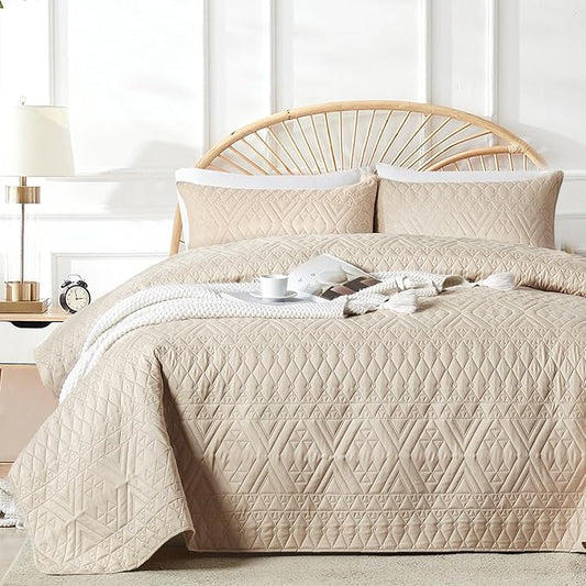 akkialla Full/Queen Size Quilt Bedding Set,Beige Lightweight Microfiber Soft Bedspread,Modern Style Geoetric Pattern Coverlet Set for All Seasons,3 Piece(1 Quilt,2 Pillow Shams)